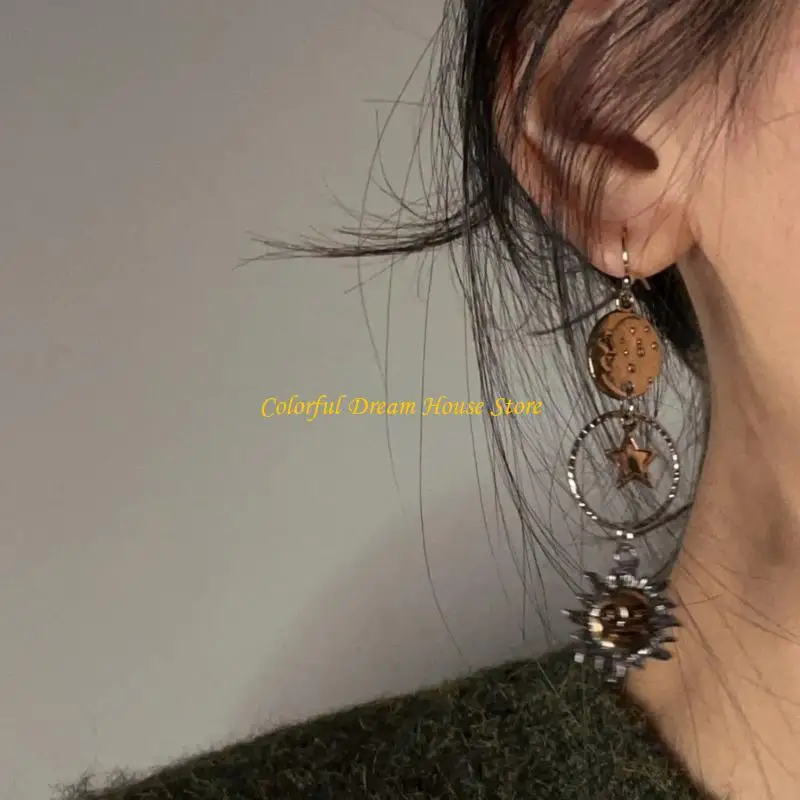 Asymmetrical Earrings Greek Mythology Face Sun Moon Pendant Ear Rings Handmade Jewelry for Parties and Everyday Wear