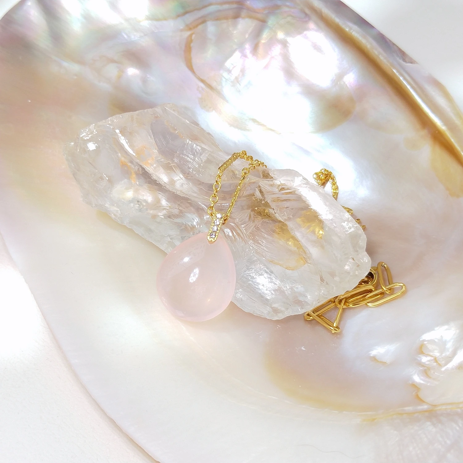 

Lii Ji Мадагаскар розовый кварц кулон золотое колье из нержавеющей стали ожерелье 40 + 5 см ювелирные изделия ручной работы