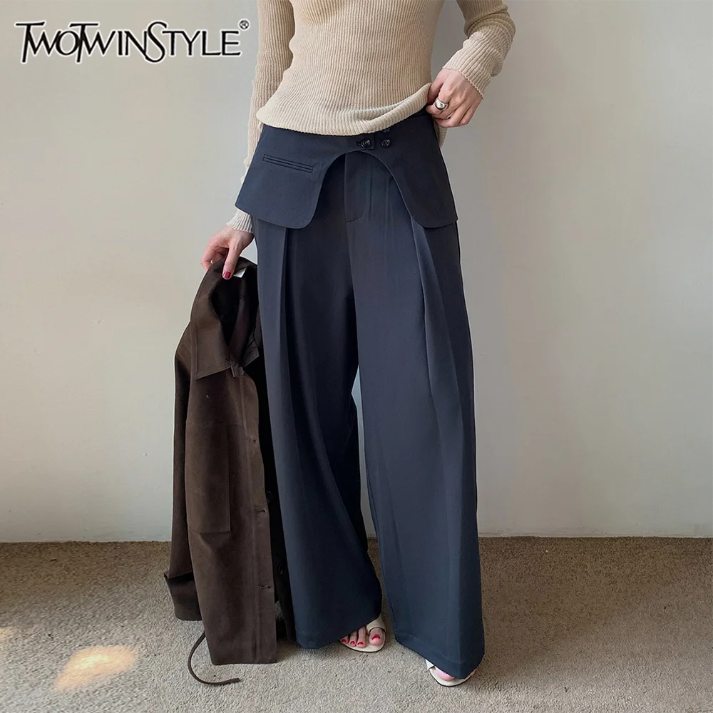

TWOTWINSTYLE однотонные свободные повседневные брюки с занавеской для женщин, модные брюки с высокой талией и лоскутными пуговицами, женская одежда