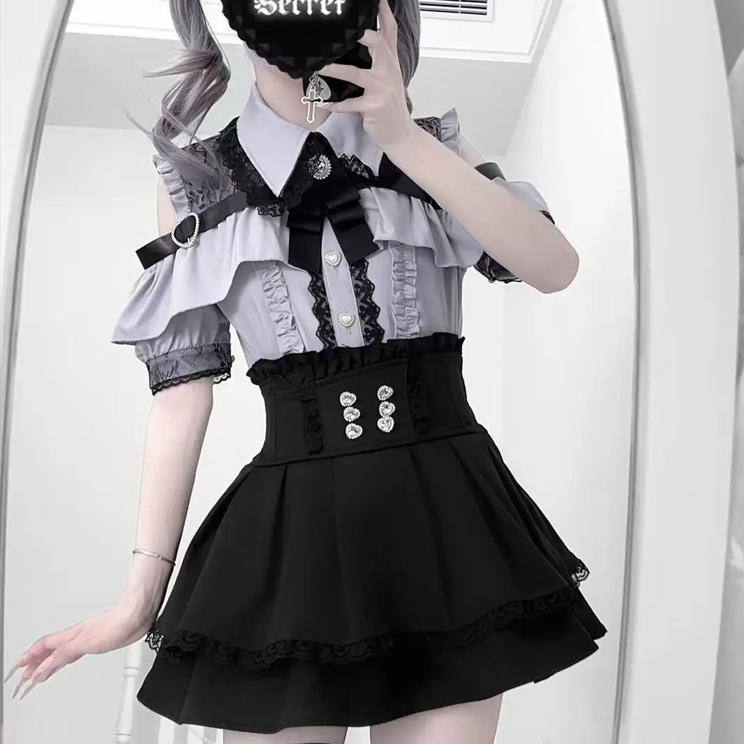 

Japanese Black Short Skirt Set Gothic Ruffle Mini Skirts Sexy Lace Off Shoulder Lolita Shirt Gown Faldas Y2k Aesthetic Suit