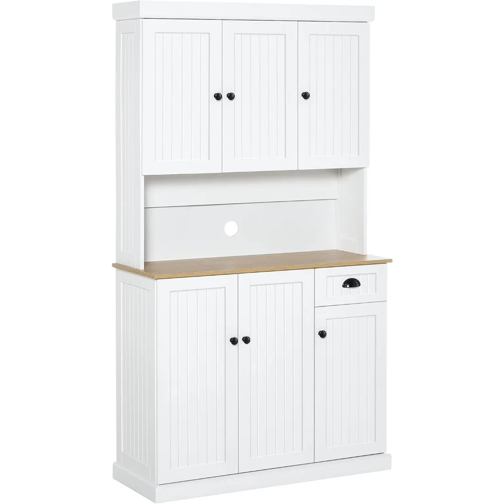 

71" Buffet with Hutch, Modern Farmhouse Kitchen Pantry Storage Cabinet with Microwave Oven Countertop, Drawer, and Cupboard, Wh