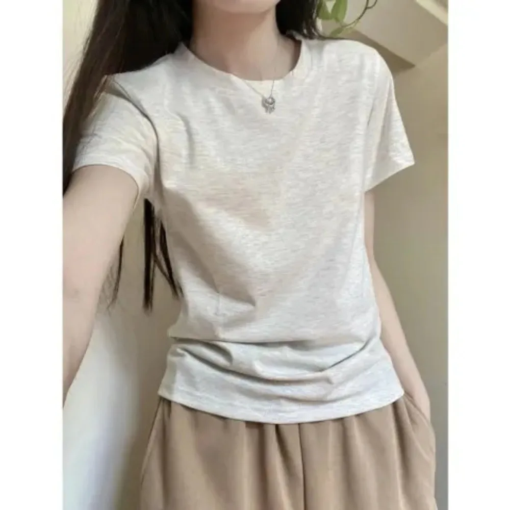 

Right Shoulder T-shirt for Women Summer 2024 New Korean Style Short Pure Cotton Short-sleeved Slim Top