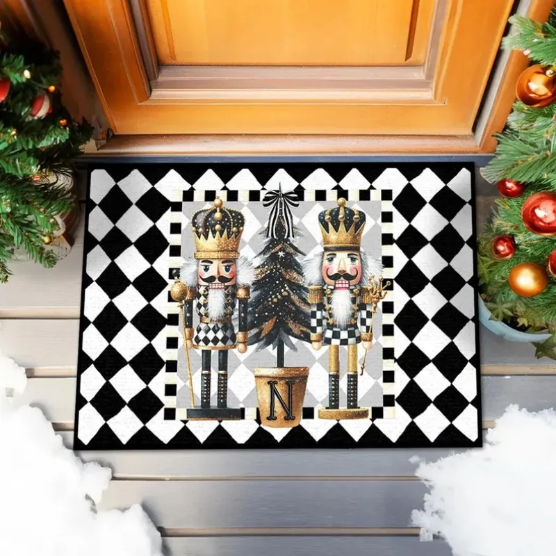 Christmas Custom Door Mat Personalized Mat Outdoor Indoor Floor Entry Mat Doormat Holiday Preppy Black White Checker Nutcrackers