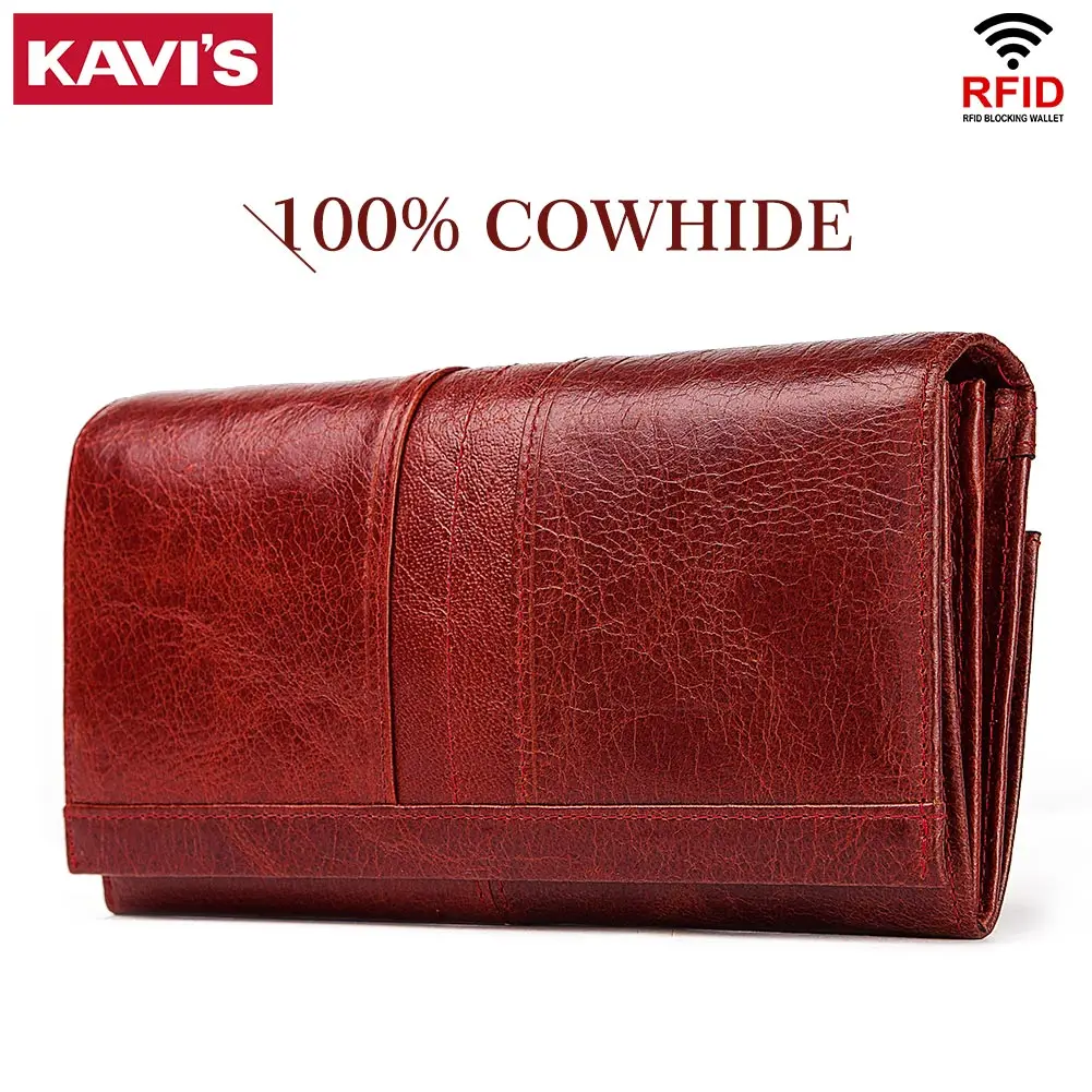 KAVIS Genuine Leather Wallet for Women Luxury Long Cell Phone Clutch Bag with RFID Cards Slots Fashion Female Cartera Mujer