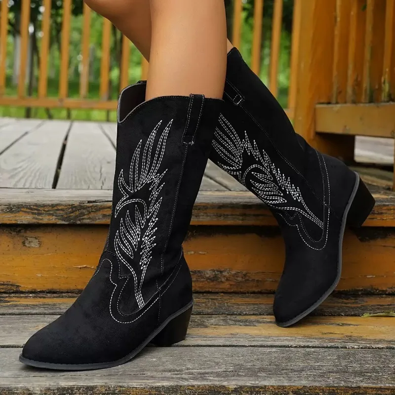 Retro Women's Boots Classic Embroidered Western Cowboy Boot High Quality Suede Mid-calf Boots for Women Knight Boots Botas Mujer