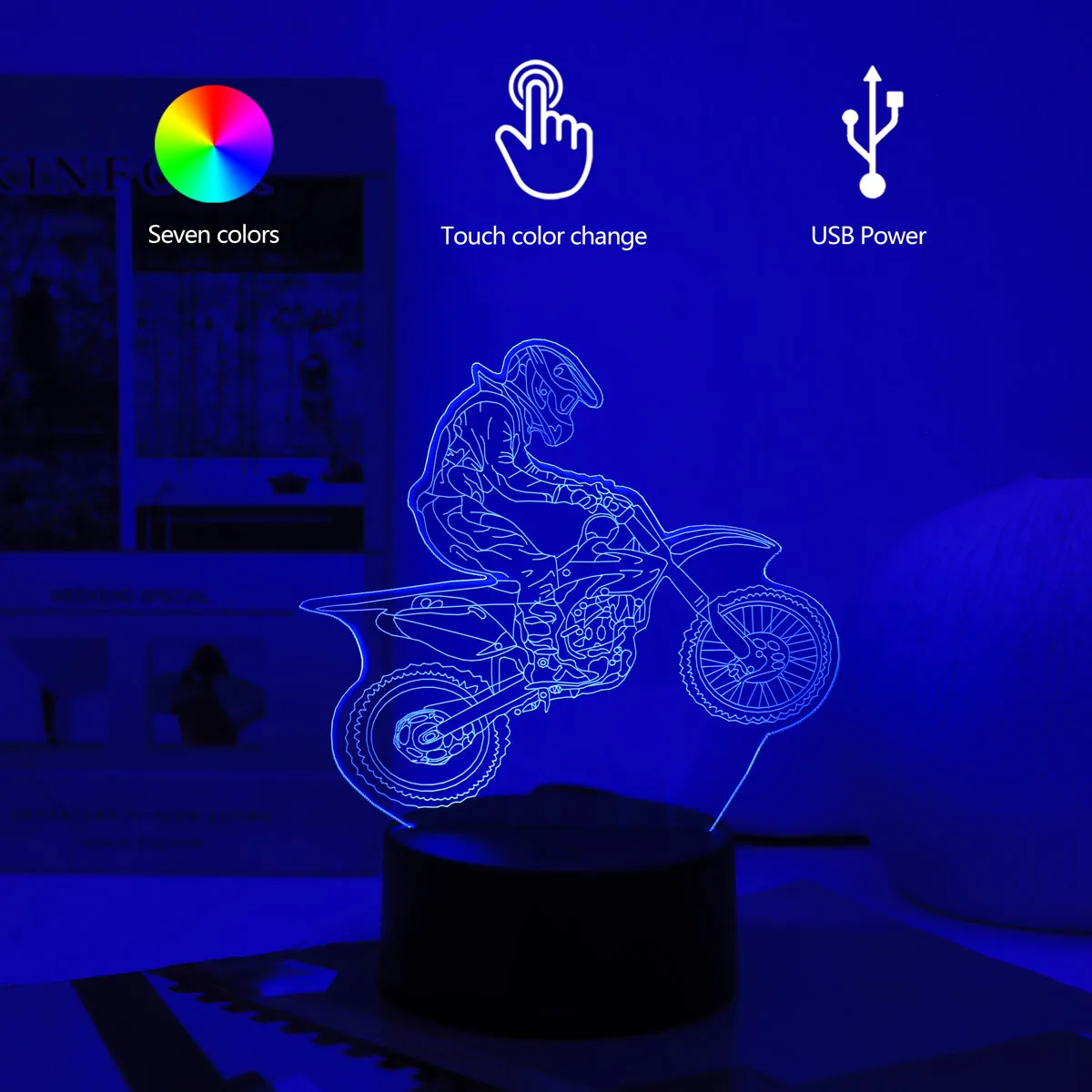 1pc 3D Acrylic Night Light, Off‑Road Motorcycle Rider 7 Color Touch LED Table Lamp, USB Decor Gift for Motorcycle Lovers