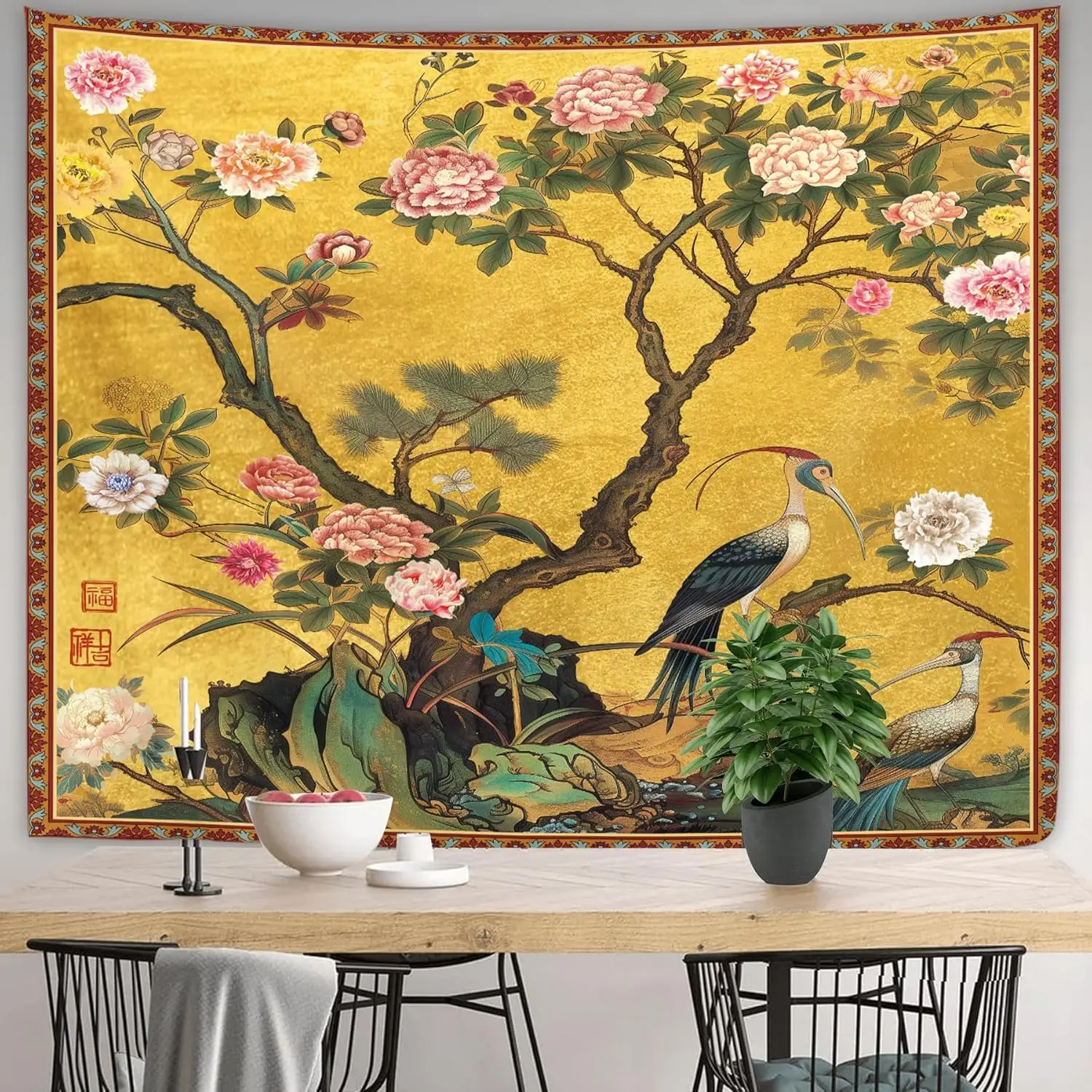 Vintage Flower Tapestry Wall Hanging Retro Crane Tree Chinese Botanical Peony Art Bedroom Living Room Dorm Polyester Fabric Home