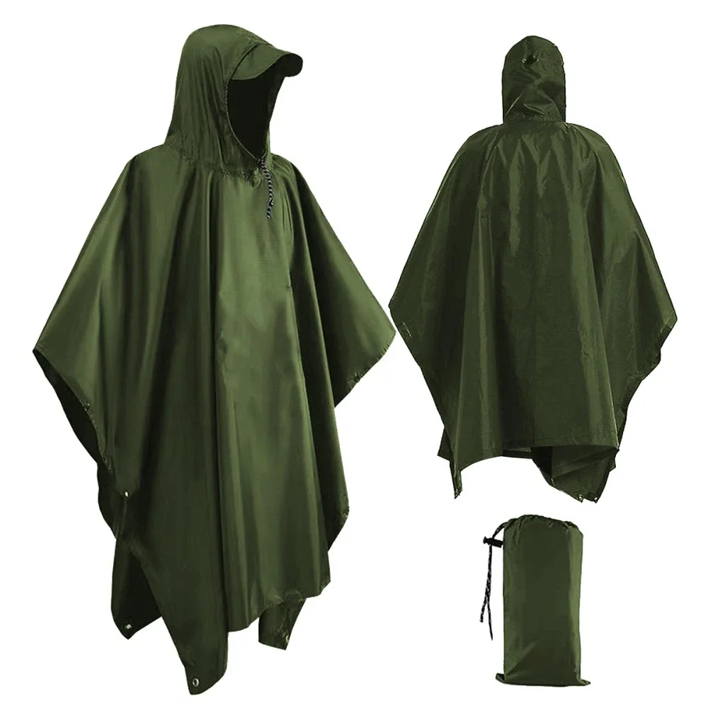 Outdoor 3-in-1 Militär-Regenmantel mit Kapuze, wasserdichter Regenponcho, Motorrad-Regenabdeckung, Camping-, Wander-, Reise-Regenbekleidung, Zelt