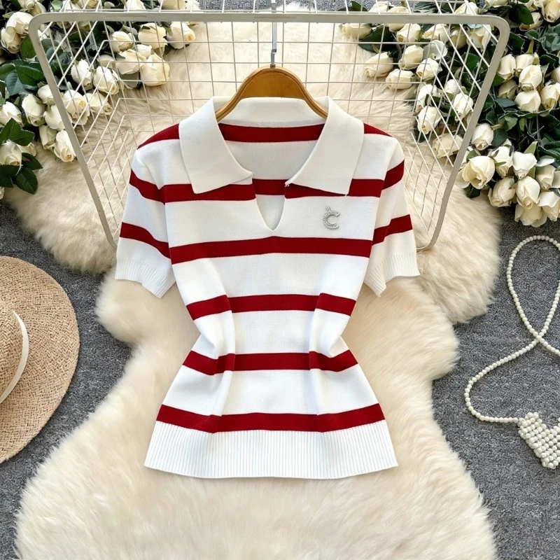 

Red Striped Pattern Elegant Sweater Versatile Short Sleeve Thin Stretchy Blouse Knitted Top Summer Women's Clothing Crop Top