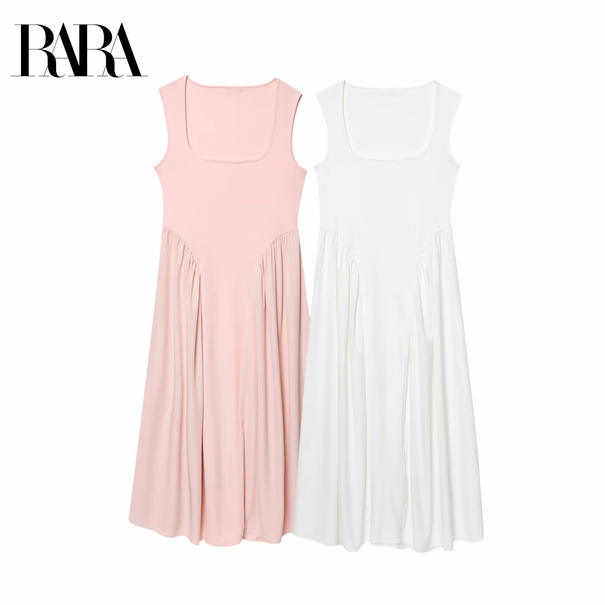 

RARA Womens French Style Elegant Sleeveless Square Neck Wide Shoulder Strap Mid Length Knitted Dress with Large Flared Skirt