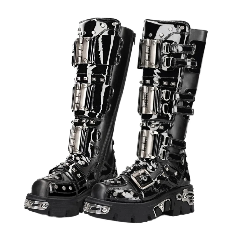 Fashion Men's Genuine Leather Motorcycle Boots Metal Goth Punk Knee High Boots Round Toe Thick-sole Spanish Street Rock Shoes