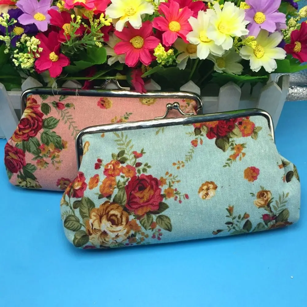 

Portable Retro Long Kiss Lock Wallet Vintage Flower Credit Card Holder Coin Purse Small Wallet Floral Money Clutch Bag Women