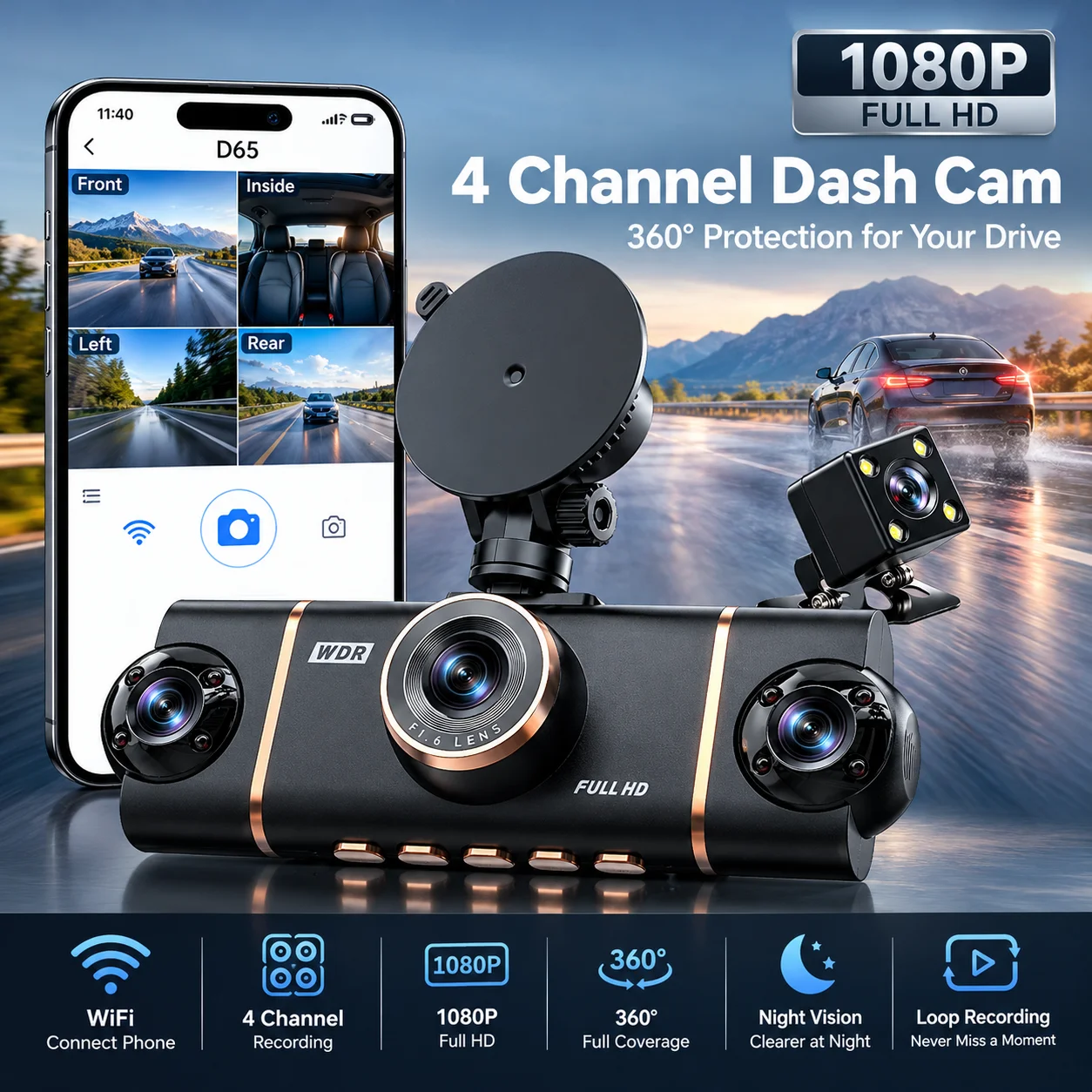 Dash Cam Night Vision Infrared - Cámara de salpicadero WiFi de cuatro