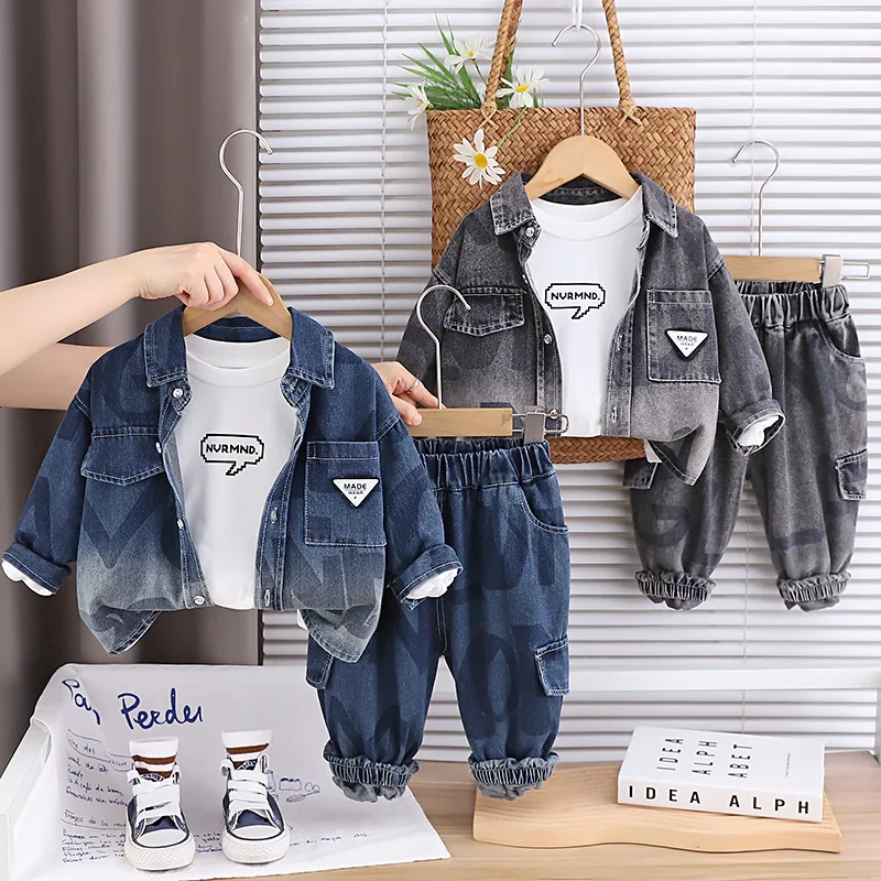 

Boys Denim Clothes Sets Spring Autumn Children Fashion Coats T-shirts Pants 3pcs Casual Suit For Baby Outfits Kids Tracksuits 5Y