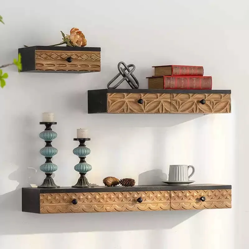 

Classical Retro Wall Mounted Storage Shelves, Carved Wood Drawers, Black and Natural, Set of 3, Decorative Pattern