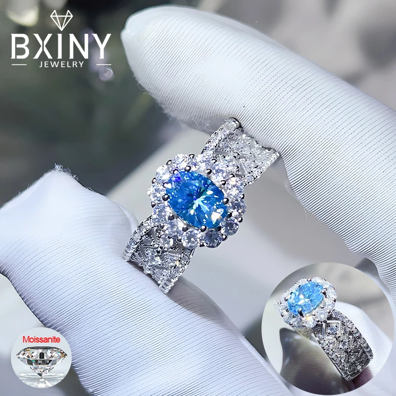 

BXINY 1CT Кольцо с синим муассанитом овальной огранки, стерлинговое серебро 925 пробы для женщин, лабораторный бриллиант, сапфир, кружевной ремешок, ювелирные изделия, подарки с GRA