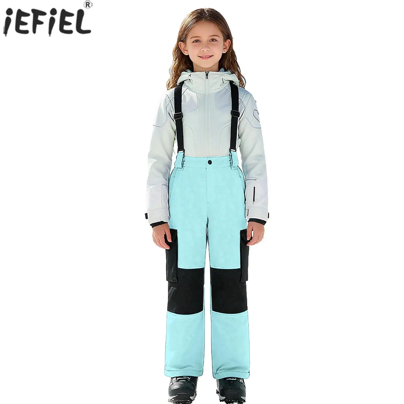 

Kids Girls Boys Ski Overalls Water Resistant Snowsuit Elastic Wide Shoulder Straps Pants with Pockets for Skiing Snowboarding