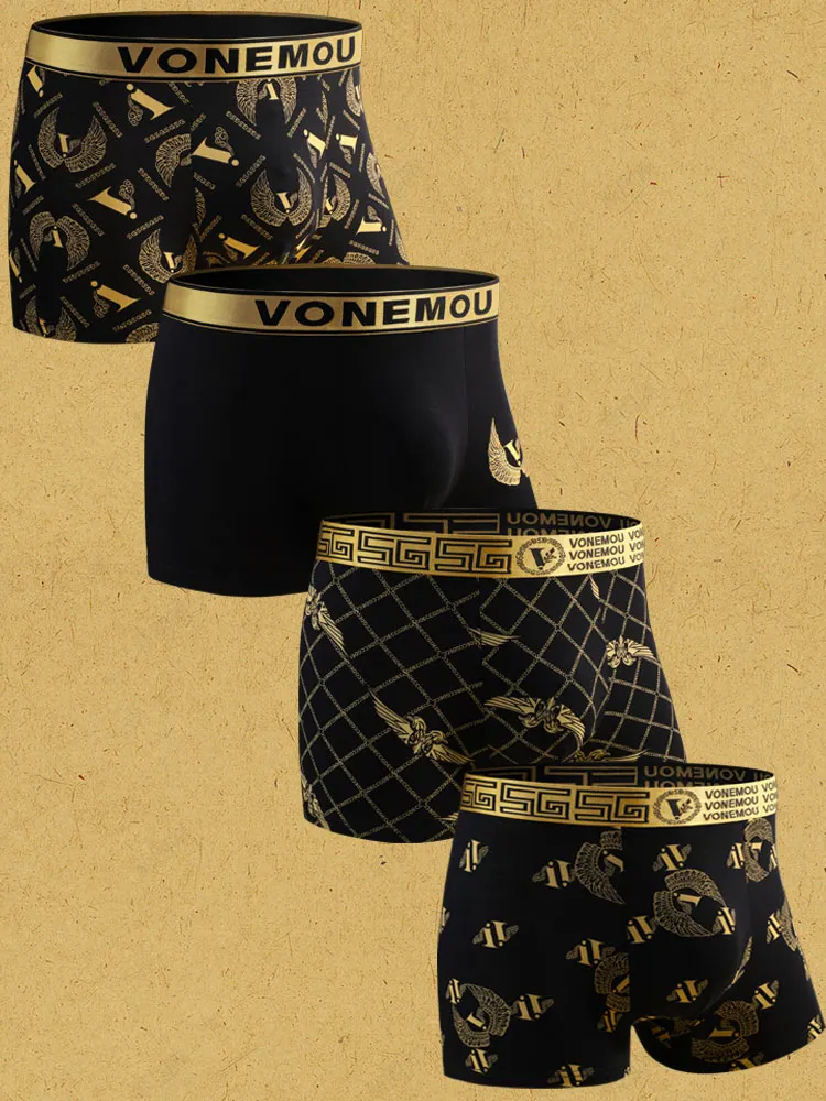 4PCS designer trendy eagle gold wings print, comfy, breathable and skin-friendly, men boxer  underwear with gift box