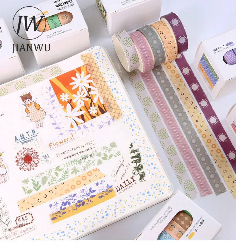 JIANWU 5 Rolls/set Maple Sugar Sunset Series Kawaii Pattern Landscape Material Collage Washi Tape Creative Journal Stationery