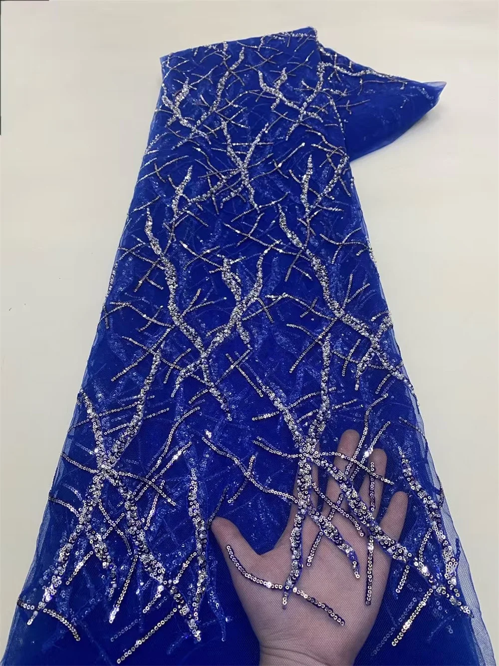 

Latest Lace Fabric High Quality 2025 5 Yards Blue Lace Fabrics Embroidered Lace Fabrics Beads Lace For Sewing Wedding A1091-1