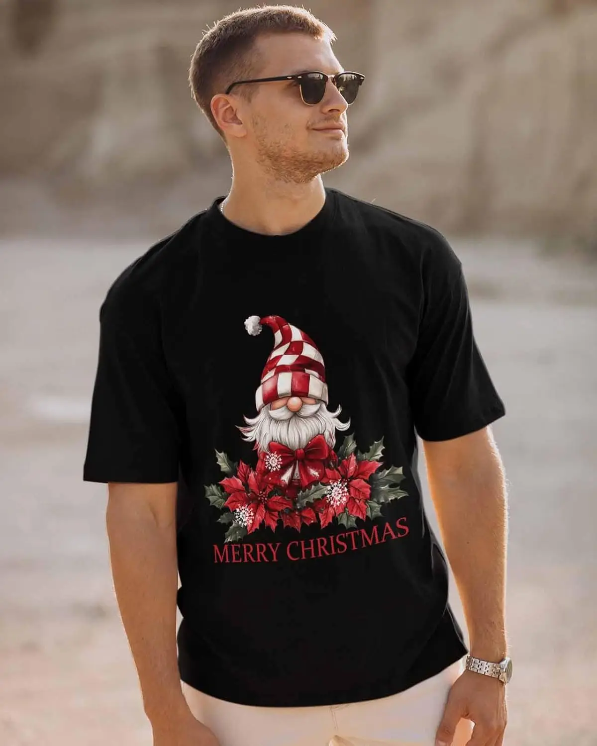 Men's T-Shirt, Novelty Graphic T-Shirt Merry Christmas Red Gnome Holly Leaves Cotton Crew Neck Men's Short