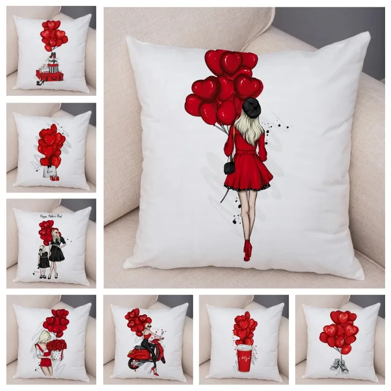 I Love You Soft  Cushion Cover Cute Cartoon Girl Print Pillowcase Decor Red Balloon Pillow Case for Sofa Home45X45cm