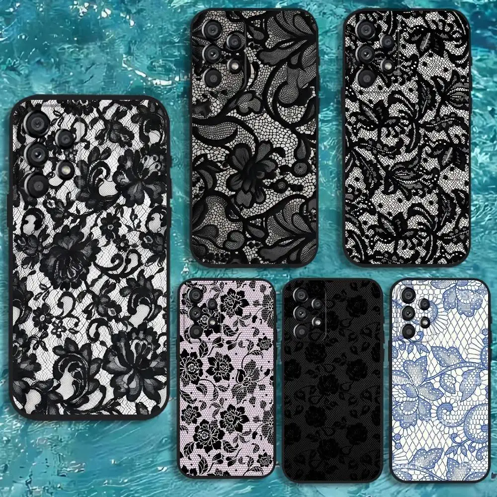 

Lace Print Pattern Phone Case For Samsung Galaxy A73,31,32,72,41,53,52,71,22,5G,Note,J7,8,9 Soft Black Cover