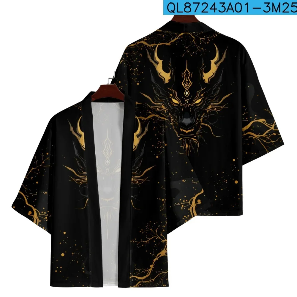 Japanese Haori Kimono Cardigan Ukiyo-e Black White Dragon Sakura Cloud Print Loose Yukata Jacket Casual Cover Up Tops
