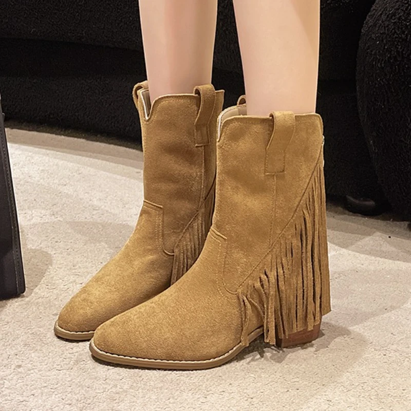 

Женские ботильоны с кисточками, элегантные замшевые туфли на высоком каблуке с острым носком, дизайнерская зимняя обувь 2025 года, новые вечерние модные ботинки, массивные туфли-лодочки