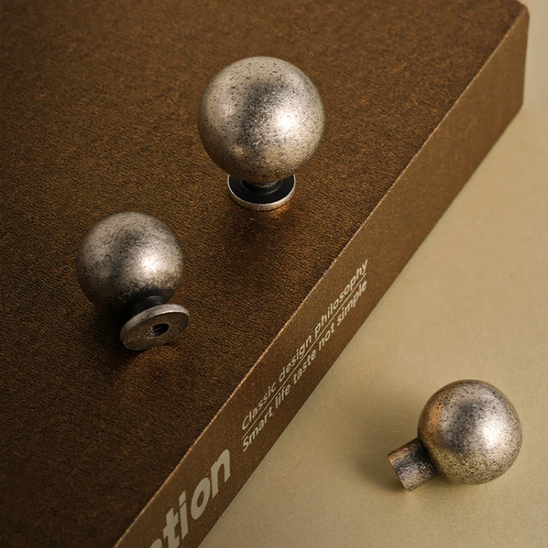 Simple Retro round Solid Brass Cabinet Door Handle Antique Style Silver Single Hole Small Furniture Drawer Pull