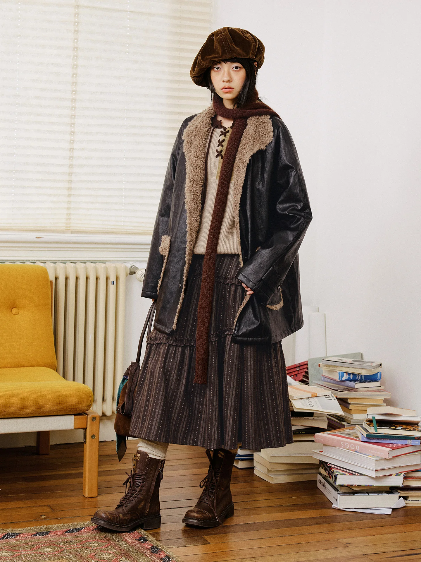 Octopusme レトロ ロングジャケット コットン レディース コート ファー付き パッチワーク レザー コットンブレンド 通勤 スタイル