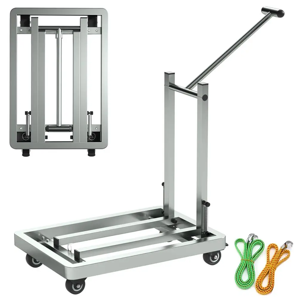 500LB Heavy Duty Stainless Steel Folding Hand Truck Utility Dolly Cart with 4 Wheels & 2 Ropes Shopping Business Travel Cargo