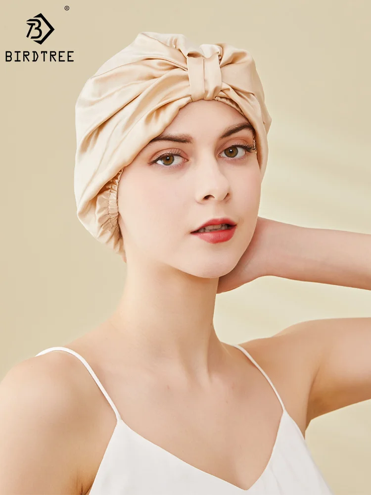 

Birdtree 100%Real Silk Bonnet, Women French Shower Cap, Sleeping Night Cap, Solid Hair Wrap Elastic Headwrap A43870QM