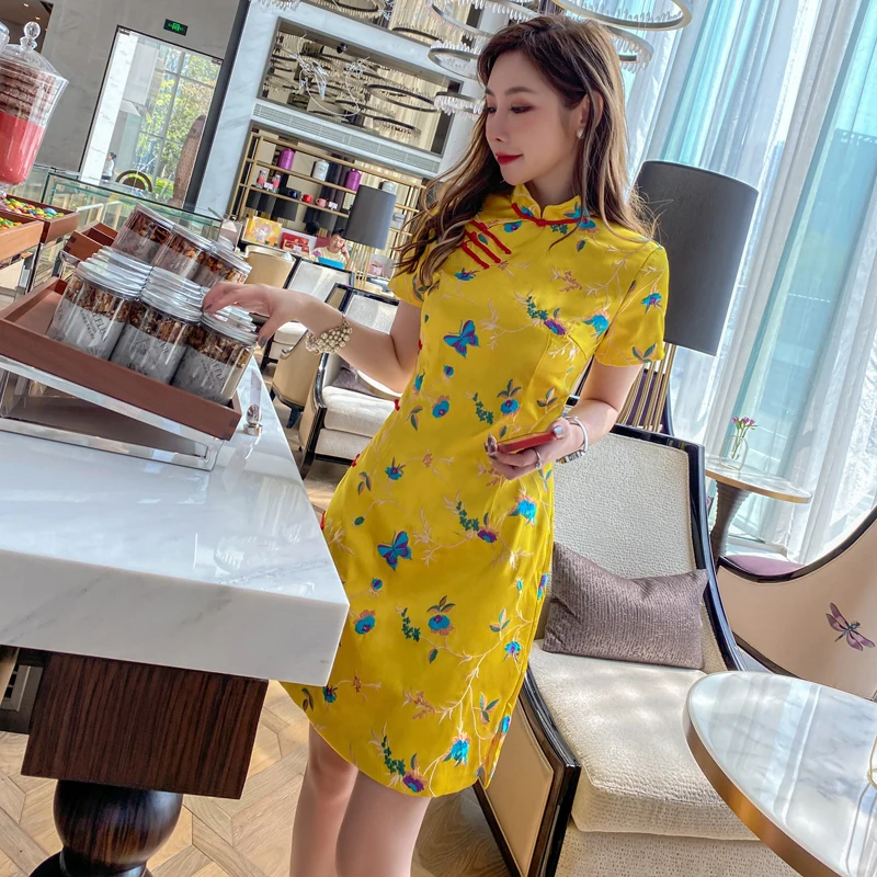 

Элегантное повседневное платье-ципао в ретро-стиле с вышивкой и низким разрезом, цветочный узор, европейский дизайн SZOZYA