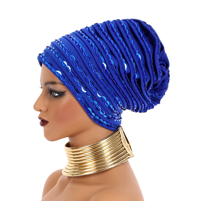 Luxo Lantejoulas frisadas boné de turbante para mulheres, envoltórios artesanais de cabeça feminina africana, elegante boné muçulmano, Nigéria