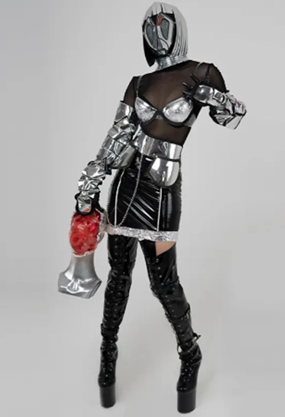 Strój tancerki, futurystyczna technologia, kostium sceniczny, srebrne bikini, rękawiczki, spódnica ze skóry PU, strój do klubu nocnego, strój do tańca gogo, odzież festiwalowa yj113