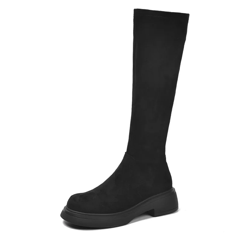 Taglia 32-40 stivali alti al ginocchio neri donna inverno nuovi stivali lunghi con tacco 4cm caldi calzini a gamba sottile a testa tonda scarpe da