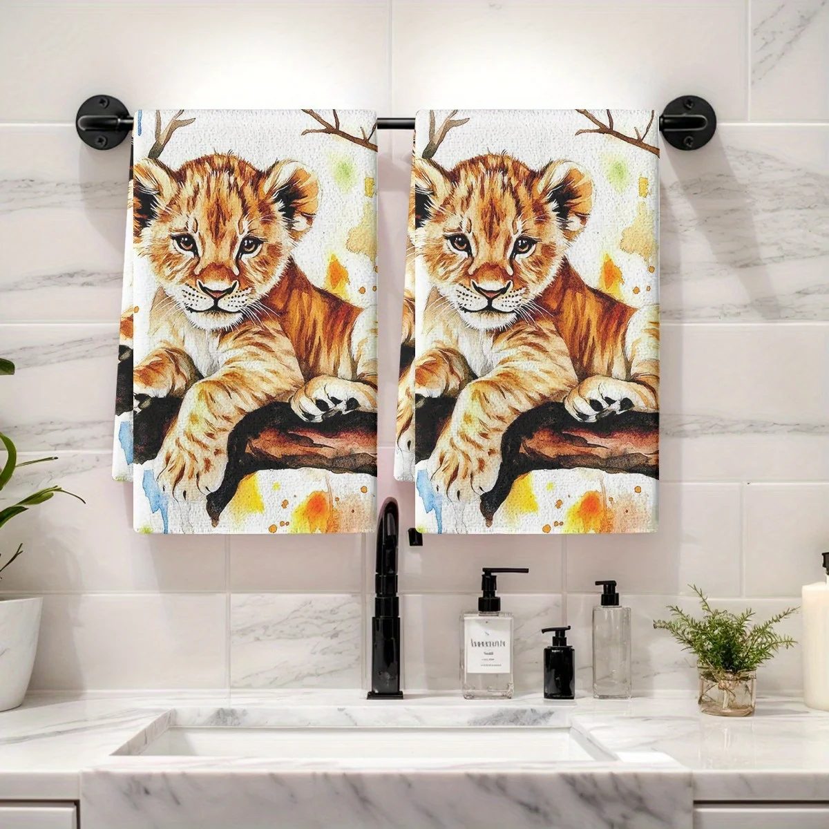 

2 шт., декор, подарочные кухонные полотенца, полотенце для посуды, милый лев, кубик акварельного стиля, тряпки для посуды с принтом, можно стирать в машине, современная тканевая посуда