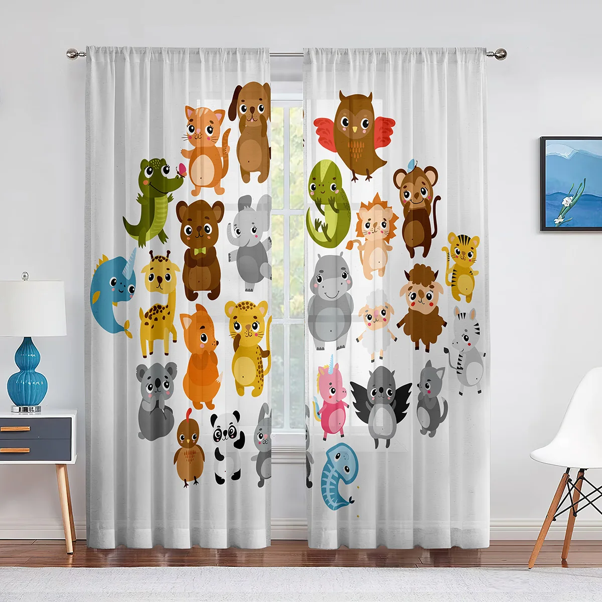 Jungle Safari Animals Sheer Voile Curtain for Baby Bedroom Kids Nursery Cute Elephant Lion Giraffe Tiger Window Tulle Curtains