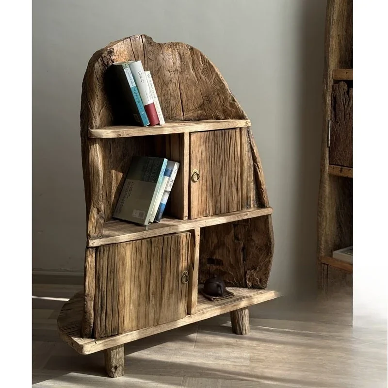 Solid wood floor-to-ceiling bookcase, tea room, household storage shelf, pastoral partition, bookshelf, red wine log