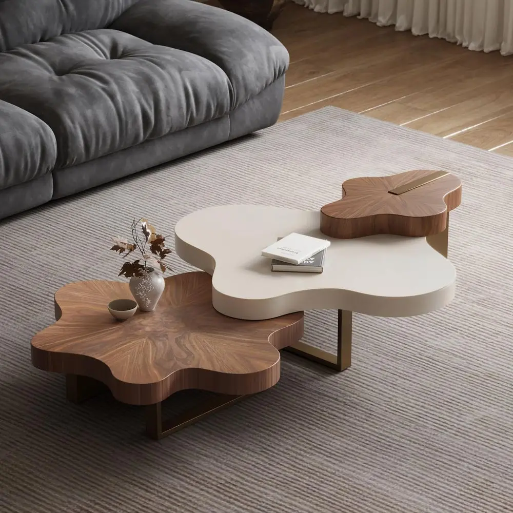 

Walnut Finish 3-Piece Nesting Coffee Table Set with Stainless Steel Base for Living Room