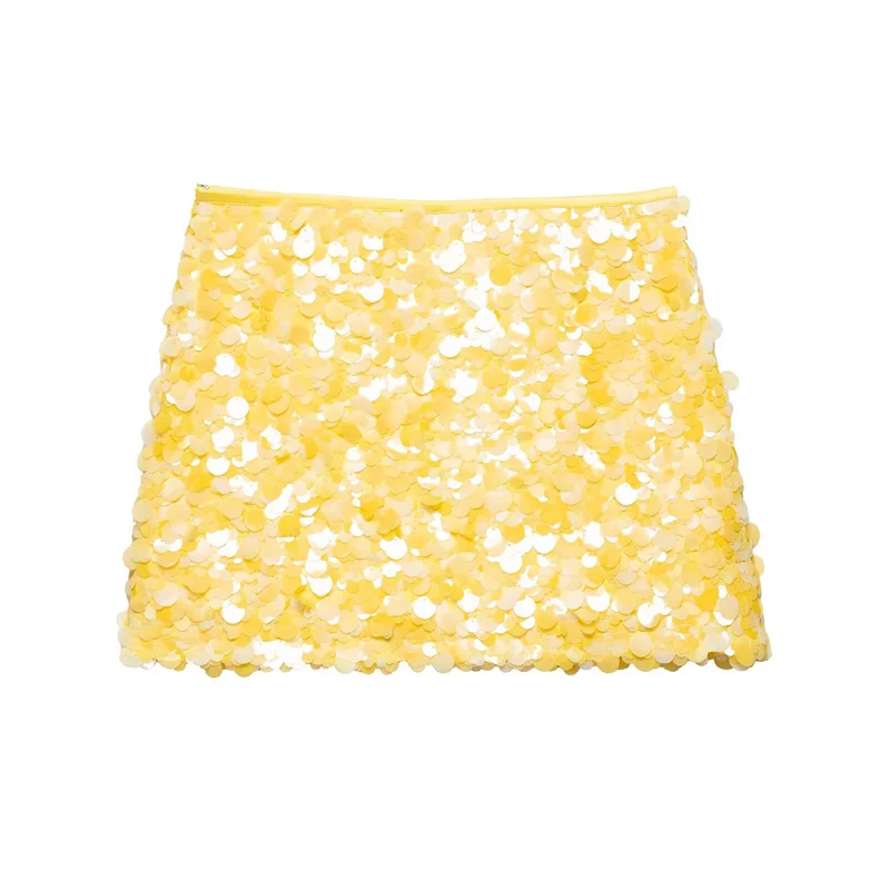 KEYANKETIAN 2025 New Women's Yellow sequin decoration Mini skirt Sexy Club Fashion Side Zipper High Waist Shiny A Line Skirt