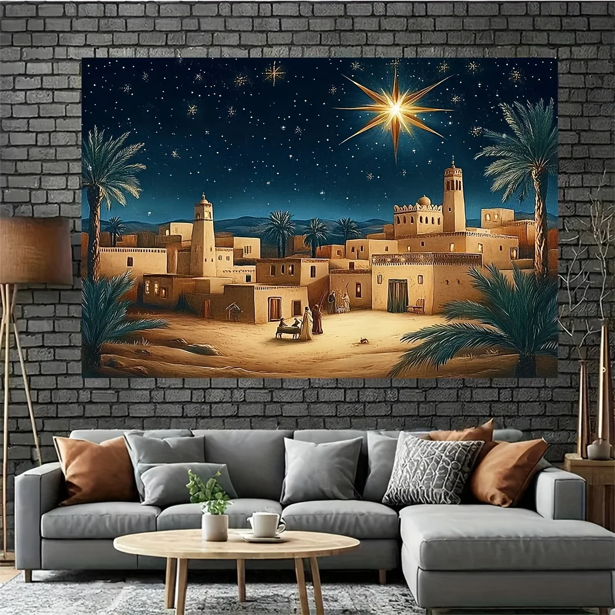 1-teiliges Bethlehem Star Weihnachts-Hintergrundtuch – ein ruhiger Nachthimmel und Palmenbaum-Design, Hintergrundtuch