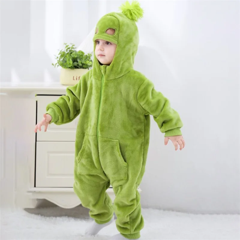 Kids Christmas Costume Green Plush Hooded Zipper Baby Jumpsuit with Facewear for Toddler Cosplay Party Holiday Outfit