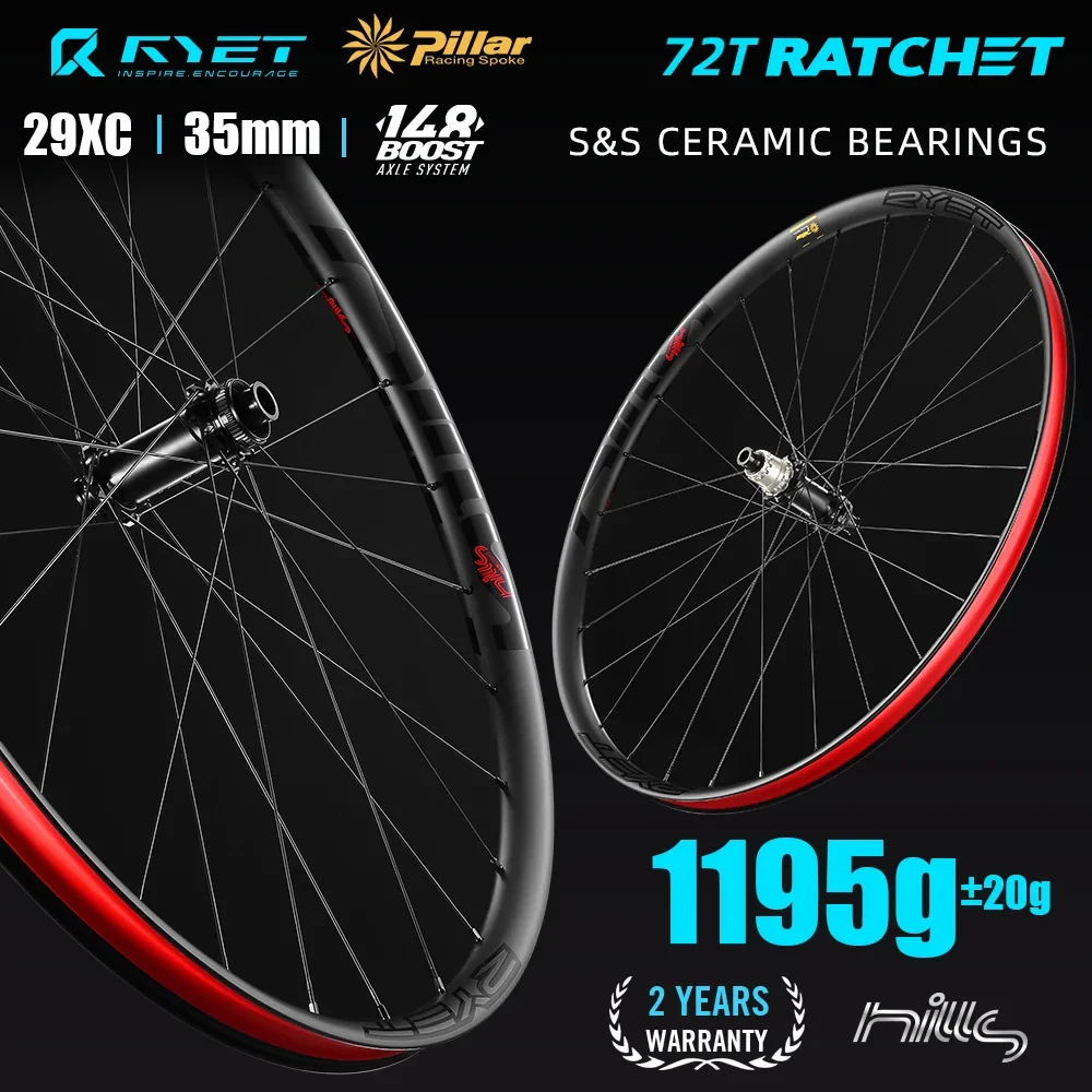 RYET Carbon MTB Wheelset Ultralight 1195g 72T Ratchet Hub Ceramic Tubless Clincher Disc 29er Bicycle Wheels Cycling Bike Parts