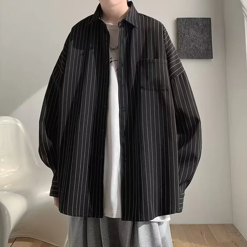 

Trendy Striped Shirt for Men Hong Kong StyleinsLong Sleeve Shirt Korean Harajuku Style Loose Casual Top Jacket