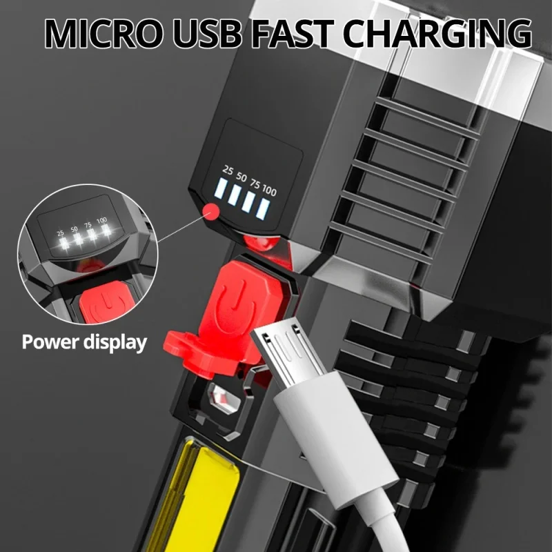 High Power Rechargeable Led Flashlights 7 LED Camping Torch With Cob Side Light Lightweight Outdoor Lighting ABS Material