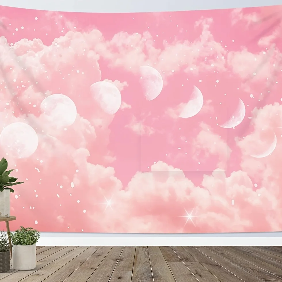 1pc Cloud, moon phase, and starry sky pattern tapestry, machine washable polyester, suitable for bedrooms and living rooms.