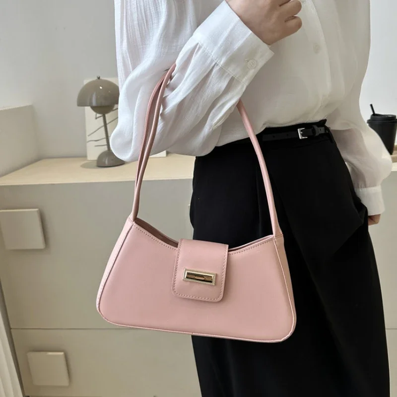 Minimalist Shoulder Bag for Women Simple Solid Color Underarm Bag Women\'s Buckle Handbag and Purse Fashion Small Top-handle Bags