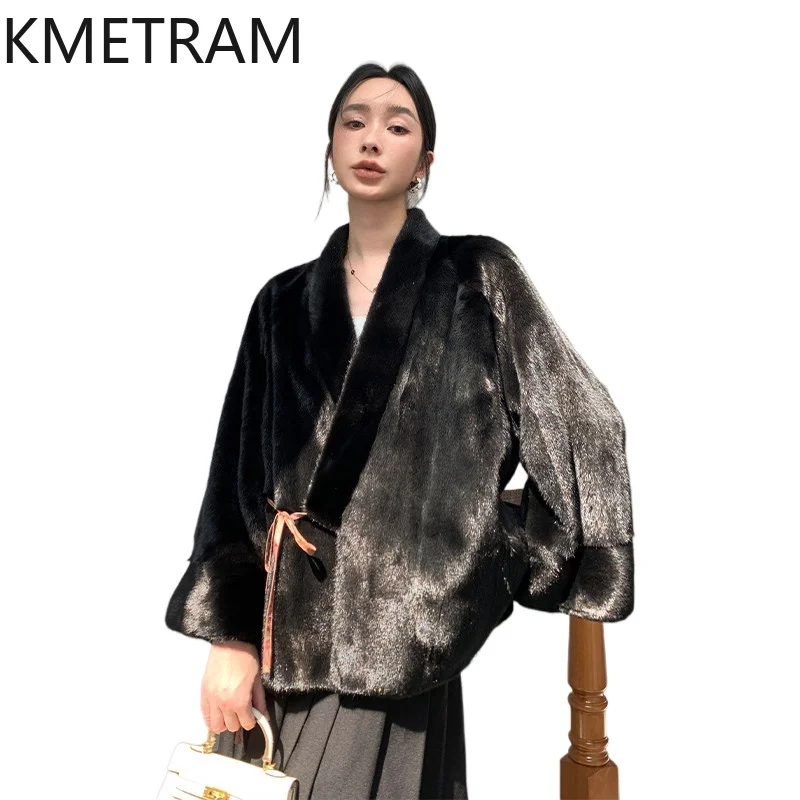 KMETRAM Real Mink Fur Coat Woman Reversible V-Neck Belted Fur Jacket Luxury Winter Outerwear Women Clothing 2026 шуба женская